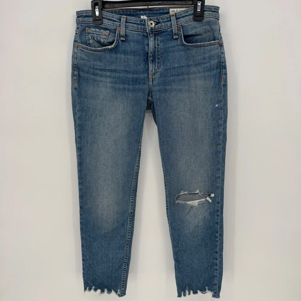 Rag & Bone Dre Low Rise Slim Boyfriend‎ Jeans Distressed Frayed Hem Blue Size 27